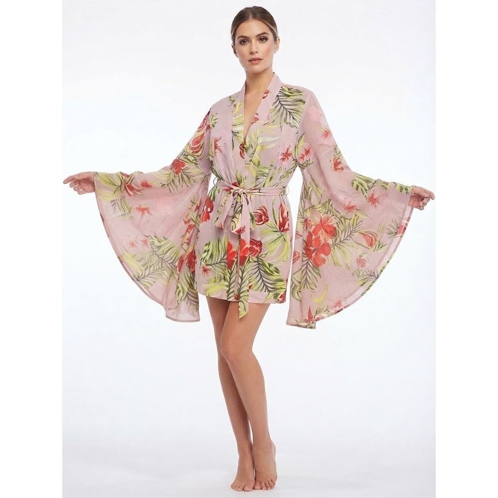 UPS & DOWNS Midi Robe Kimono Wrap Floral Bell Sleeves Plus Size XL